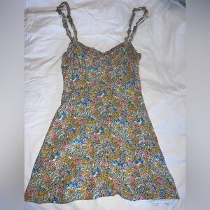 Zara Floral Multicolor Mini Dress with Ruffle Neckline